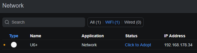 Geräteliste in UniFi Network: der Access Point U6+ mit IP 192.168.178.34 steht im Status „Click to Adopt“.