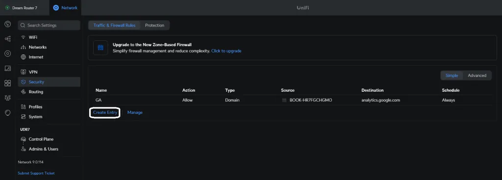 UniFi-Einstellungen unter Security, Tab Traffic & Firewall Rules: Allow-Regel für analytics.google.com, Create Entry markiert